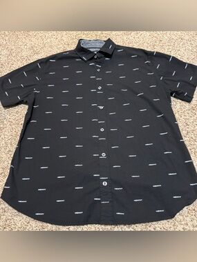 DKNY Black Short Sleeve Button Down Shirt Logo Print Mens Size M EUC